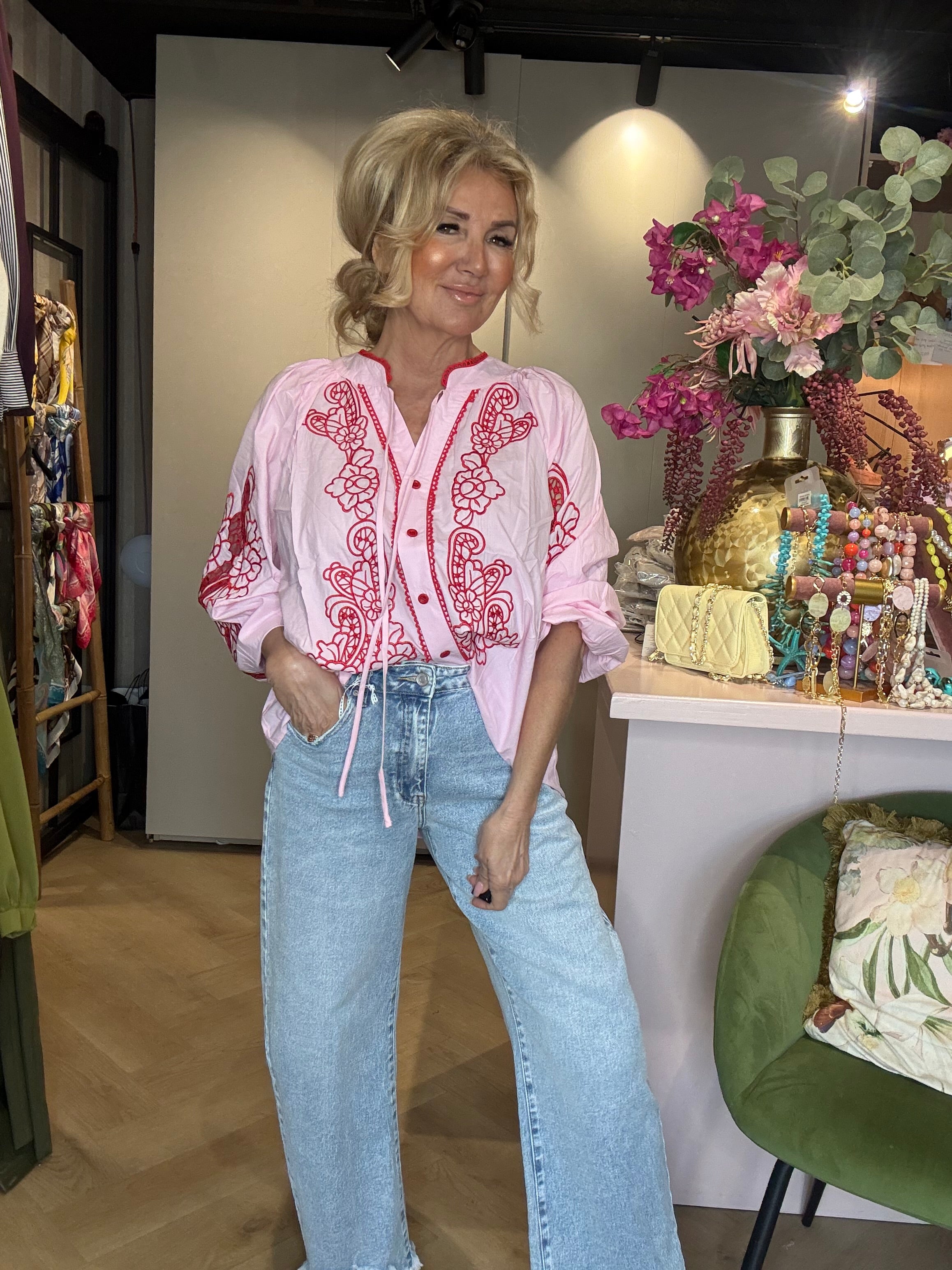 Bluse Boho Stil Rose/ Pink Broderet Åben